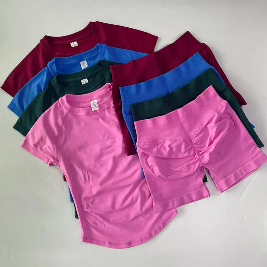 2 Piece Sets Women Outfit Longline Short Sleeve Gym Crop Top High Waist Workout Shorts Sports Suit Fitness Clothes Yoga Set