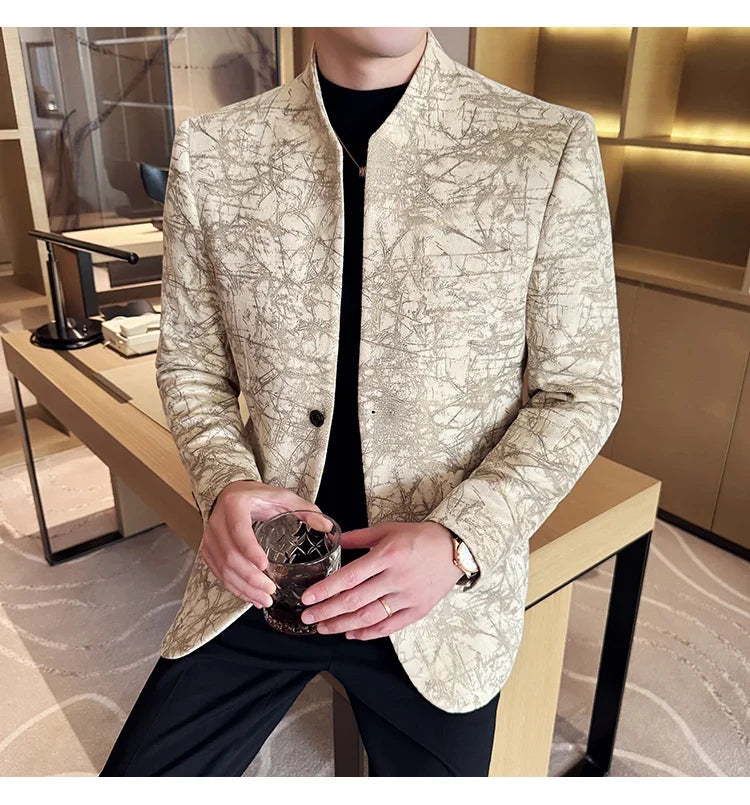 New Chinese Style Stand Up Collar Jacquard Suit Coats Men Slim Business Casual Fashion Suits Jacket Formal Social Party Tuxedos