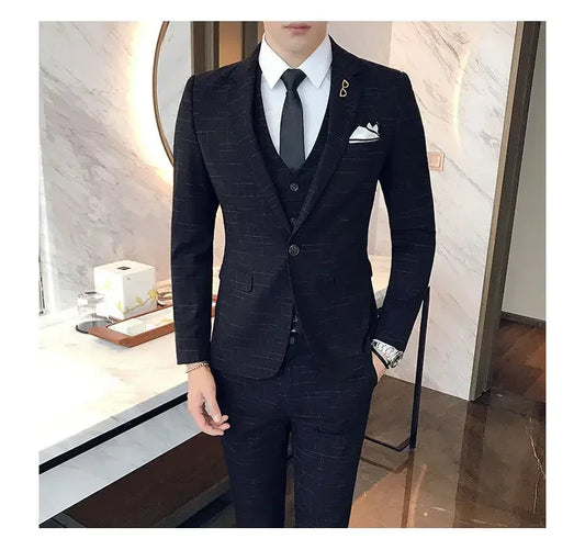Blue Men Classic Striped/Checked Suits, Asian Size Slim Fit Business Office 3-Piece Sets, Black/Gray and Red Available.