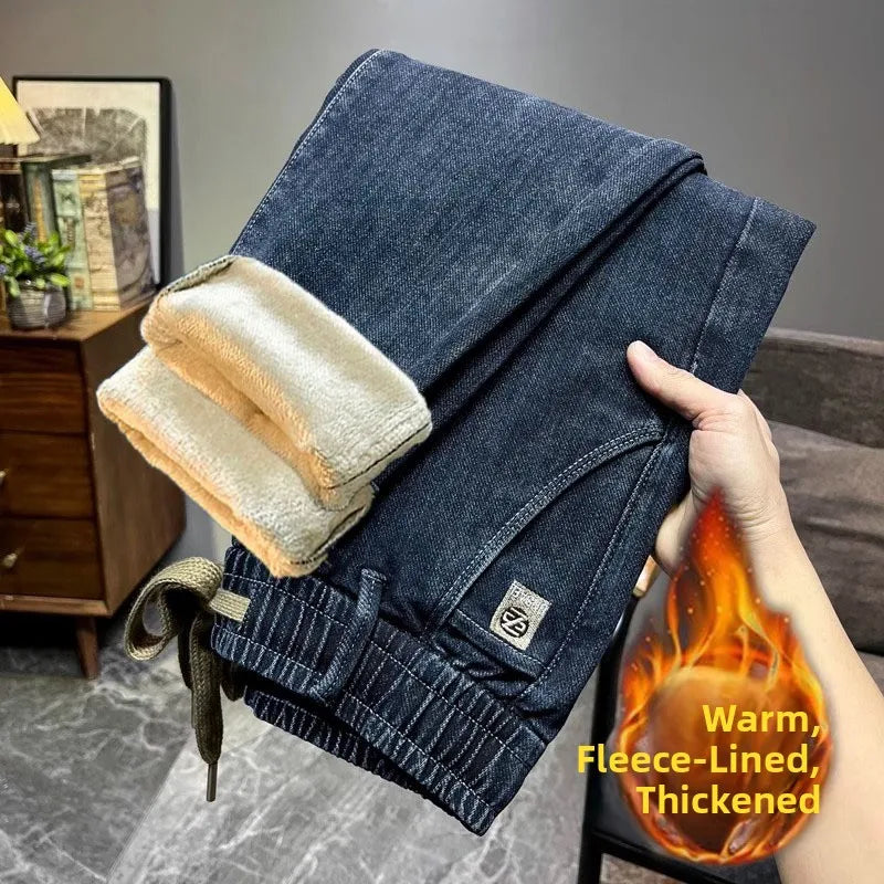 Warm Fleece Lined Elastic Waist Casual Straight Leg Men's Jeans Premium Quality Autumn Winter Thickened Stretch Denim Pants
