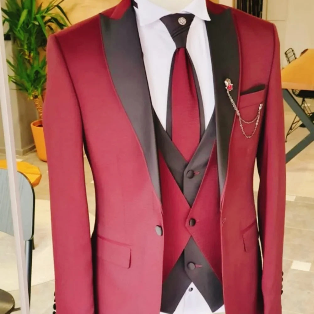 Men's Solid Slim Fit 3-Piece Business Suit Set with Blazer Vest And Pants for Wedding Party Luxury Fashion Tuxedo
