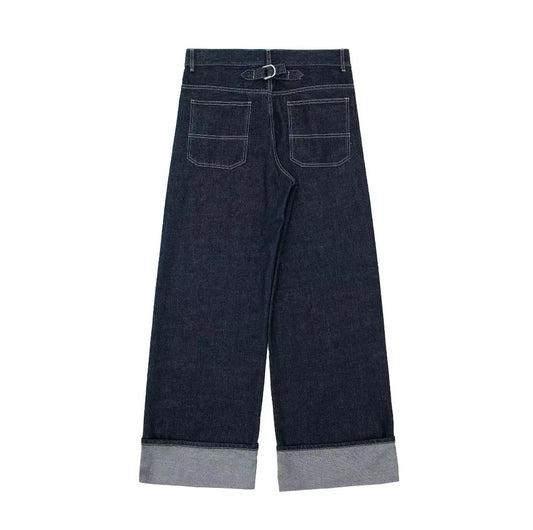 Women's High-Waisted Jeans Slim Trailing Trousers Rolled Leg Denim Pant Fashion Lady High Street Casual Wide-Leg Jeans