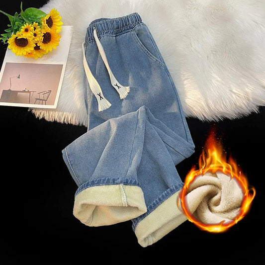 Thick Winter Straight Men's Jeans Fleece Warm Loose Plush Trousers Fashion Casual Wide-leg Plush Denim Pants Male