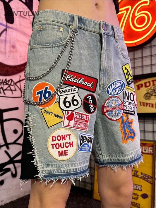 Retro Blue Streetwear Patchwork Denim Short Y2K Jeans Men Women Hip Hop Cartoon Graphics Loose Metal Denim Fitness Casual Shorts