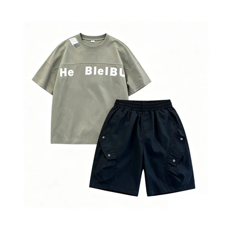 New Casual Boys Top and Bottom Clothes Set Summer Suit for Tween Children Clothing Kids Teenager Shorts Sleeve Tshirt Shorts Set