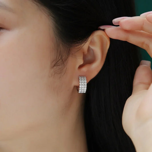 Full 2mm 0.03CT D Color Moissanite Hoop Earrings For Women S925 Silver Pass Diamond Test Earring 3-Row Small Ear Buckle
