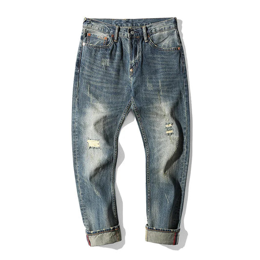 Men's Japanese Handmade Embroidered Jeans Pure Cotton Straight Tube Hip-Hop Popular Slim Red Ears Show Thin Trousers Blue MDevil