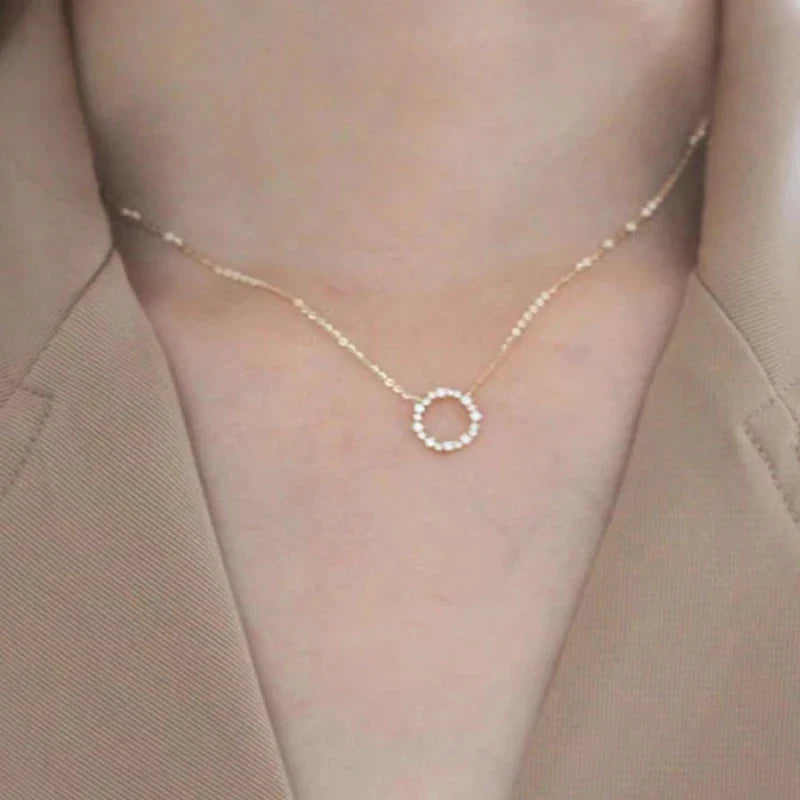 100% S925 Sterling Silver Plated 18K Gold Necklace with Full Diamond Circle Style Japanese and Korean K Gold Collar Chain
