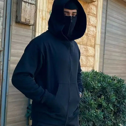 Unisex Hoodie Warm Loose Hooded Jacket Zip-up Casual Jacket with Face Mask for Autumn Winter Outdoor Sports Streetwear