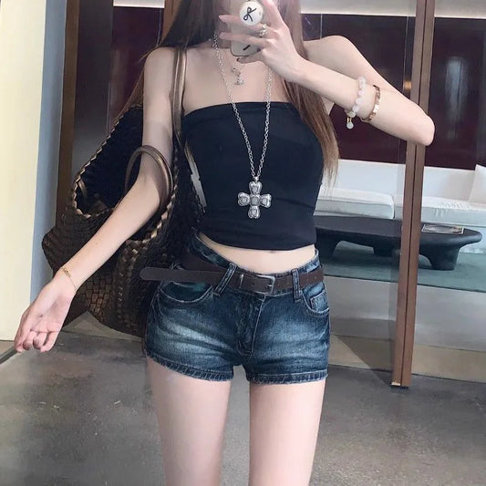 Y2K Low-Waisted Denim Shorts for Women Summer Slimming Vintage Deep Blue Cowboy Shorts Female Sexy Slim Fit Bodycon Short Jeans