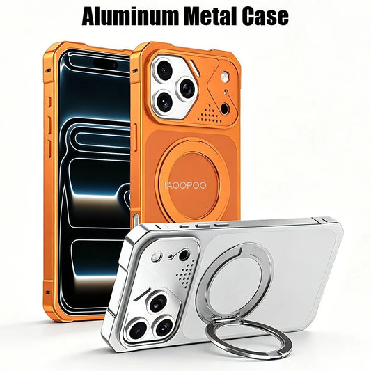 Aluminum Frame Frosted PC Back Case For iPhone 17 Pro Max 16 15 Pro Max, 360° Rotating Stand Magnetic Wireless Charging Cover