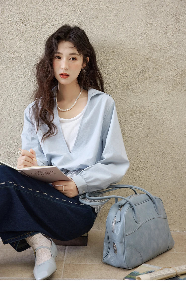 French Spring Shirts Women 2025 Long Sleeve Turn-down Collar Fake Two-piece Blouses Female Splicing Lace Tops MXE16C0783