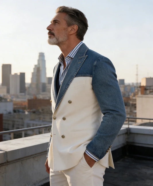 Men's Blazer Denim Sleeve Patchwork Double Breasted Suits Coats Casual Business Fashion Jacket for Spring Autumn Wedding Party