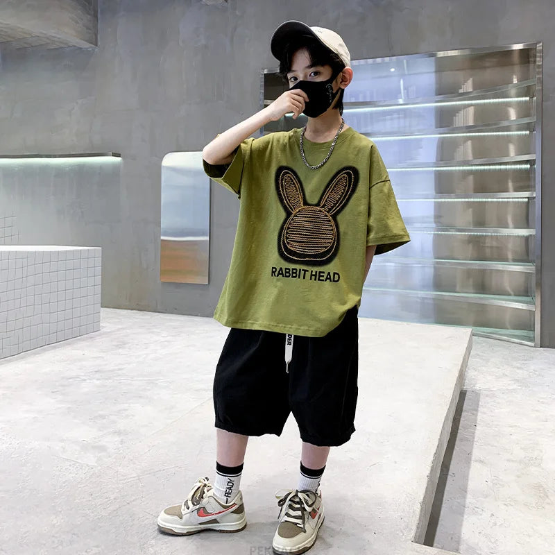 Cartoon Rabbit Boys Summer Clothing Two Piece Set Outfits Short Sleeved T-shirt Shorts Tracksuits Kids Children Casual Costumes