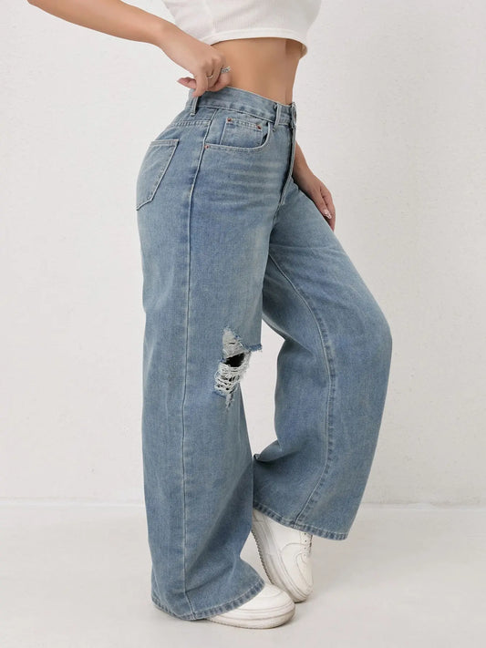 European and N Style Loose Leg Straight-leg Jeans with Holes Women Comfortable Fashion All-matching Trend Jeans