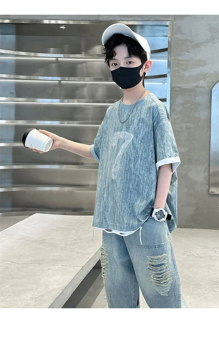 Cool Cowboy Outfit Costume Suit for Kids Child Summer Clothes Set Denim T-shirt and Ripped Shorts Clothes Set for Teens Boy 5-14