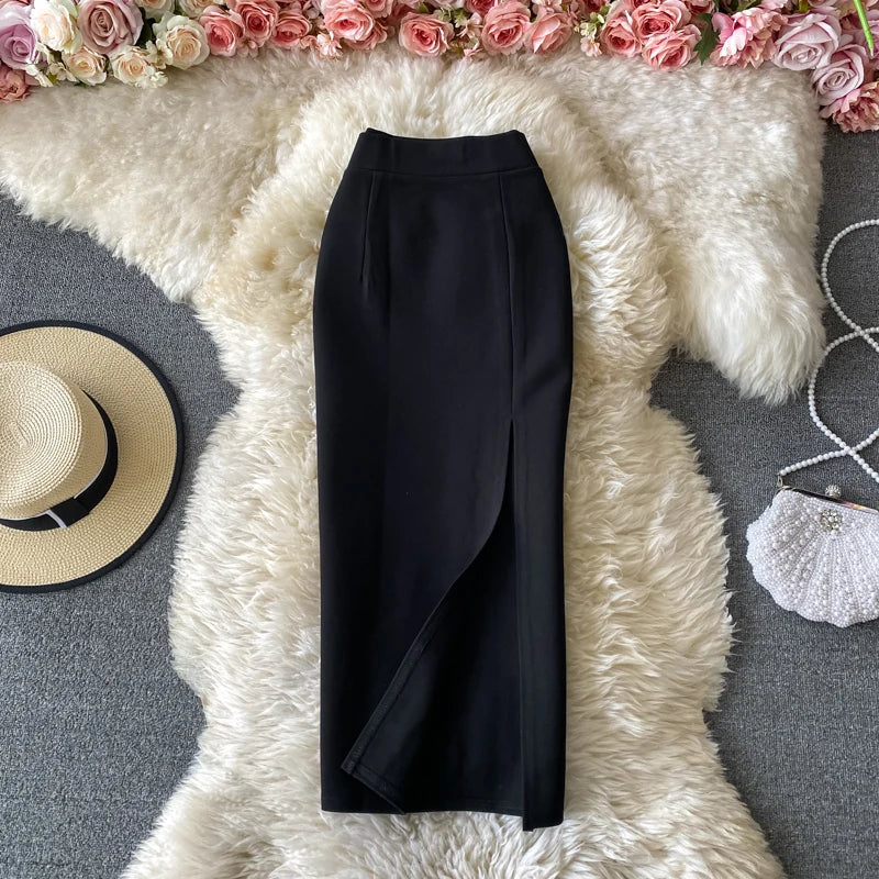Ele High Waist Midi Skirt Slim Fit Pure Color Asymmetrical OL Busin Women's Faion Spring Ci Commute High Waist