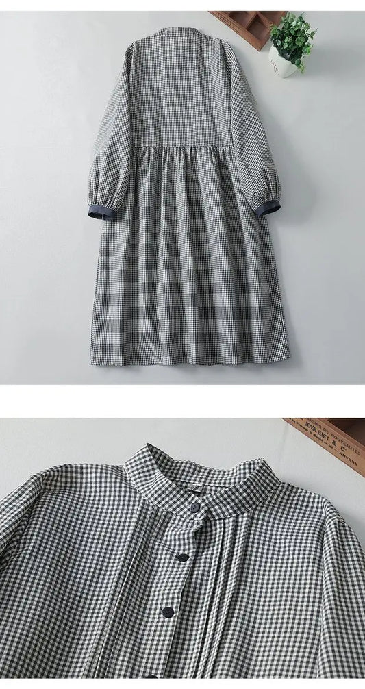 Sweet Japanese Sle Cotton Linen Plaid Long Sve Dr Women Spring Autumn Slimming Doll Dr Cardigan Stand Collar Long ...