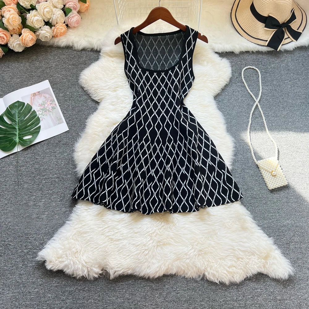 Brand Fashion A-line Short Women Dress Elegant Y2K Geometric Knitted Summer Dress Female Harajuku Black Party Vestidos