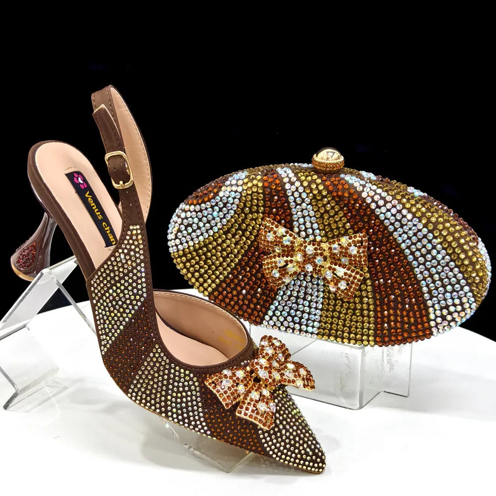 Green Color Pointed-Toe High Women Heels Shoes and Bags for Women Rhinestone Evening Party Elegant Luxury Handbag