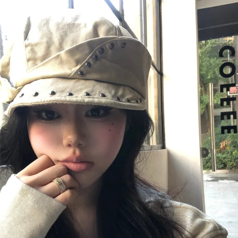 Black Studded Beret Cap with Rivet Trim Edgy Style Hat for Outdoor Travel Hiking Camping Berets