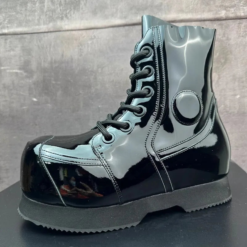 High Street Mens Round Tote High Top Cowhide Genuine Leather Ankle Boots Punk Style Stage Show Shoes Platform Work Safty Shoes
