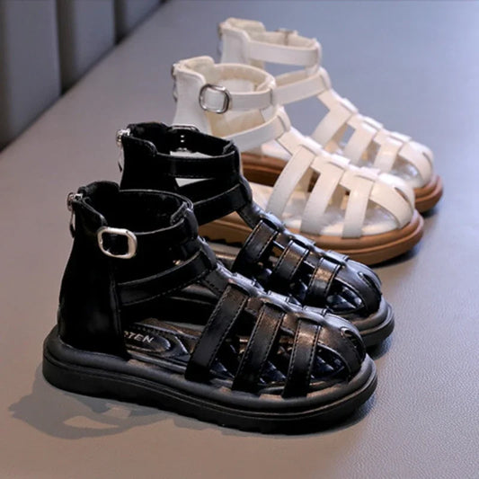 British Style Children's Sandals Girl 2024 Summer Kids Hollow-out Beach Shoes Fashion Causal Girls High-top Simple Roman Sandals