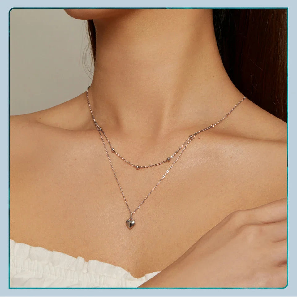 925 Sterling Silver Heart Pendant Necklace for Women Gold Double Layer Choker Female Fine Jewelry BSN168