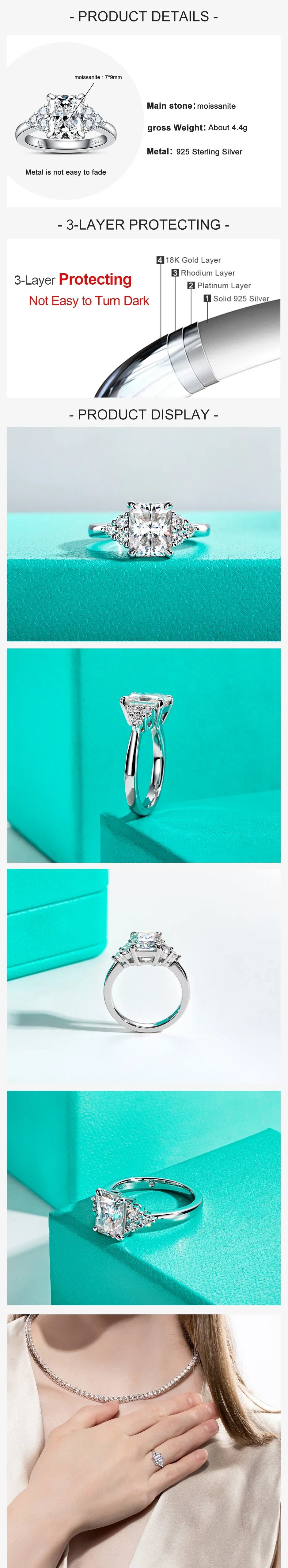 3ct Radiant Cut D Color Moissanite Engagement Ring 18K Gold Plated Luxurious Wedding Ring Women Jewelry Wholesale