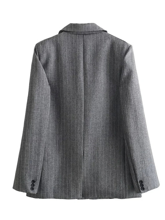 Women Fashion With Pockets Striped Single Breasted Blazer Vintage Notched Neck Long Sleeves Female Chic Lady Outfits