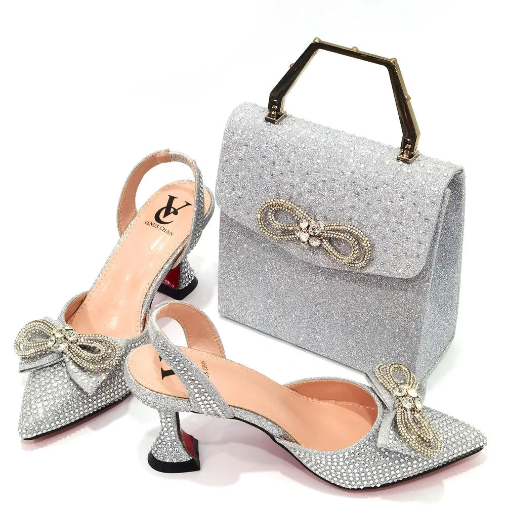 The Latest INS Style Rhinestone Bow Side Empty Party High Heels Pointed Toe Stiletto Heels Silver Women's Shoes And Bags