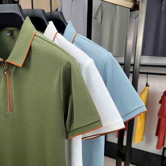 Men's Silk Zipper Polo Shirt Short Sleeve Mulberry T-Shirt Metal Zipper, Stand Collar Luxury Casual Summer Top Cotton&Linen Tee