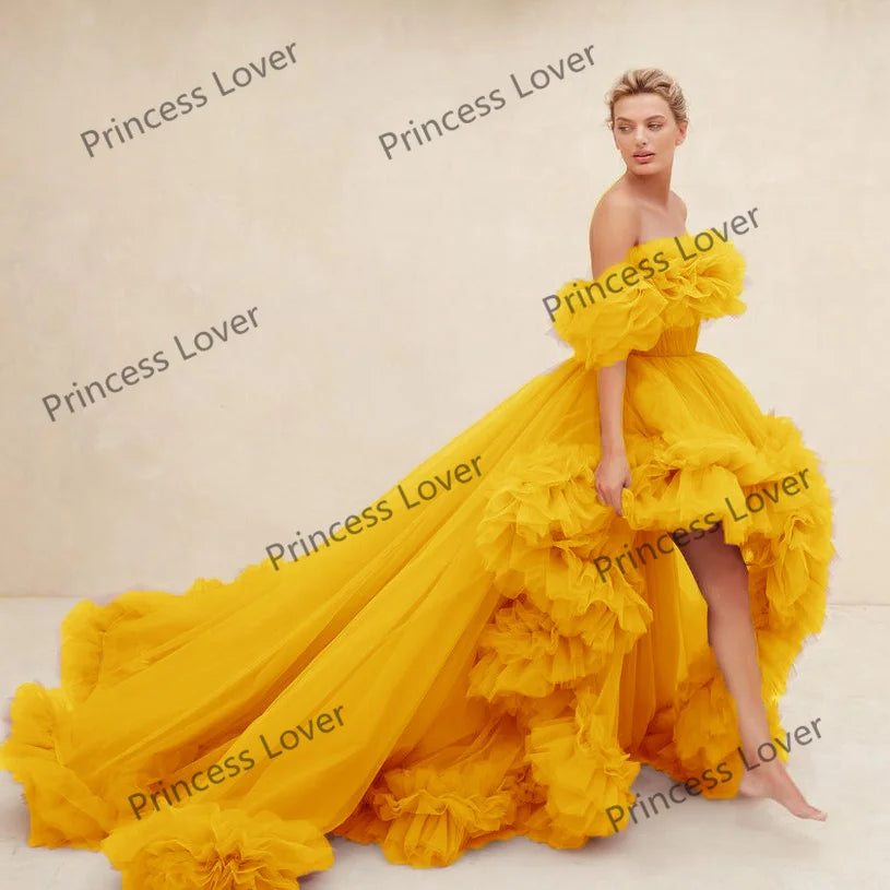 Women Prom Dresses Tulle High Low Vestido de Novia Robes Off the Shoulder Evening Dress Ruffled Fluffy Party Gowns Customized