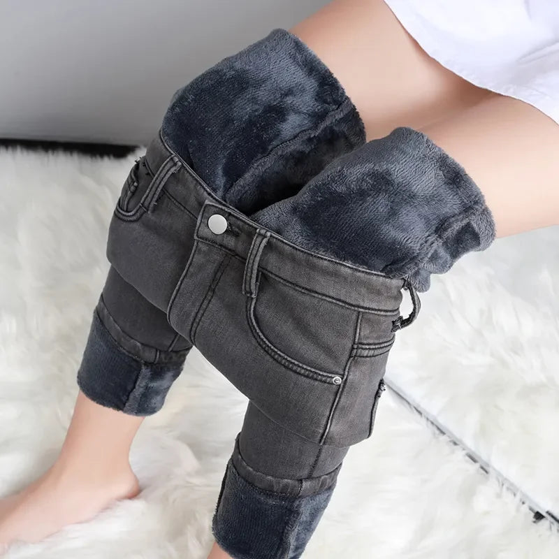 New Women Thick Velvet Jeans Fleece Warm Korean Fashion High Waist Skinny Elastic Pants Jean Casual Legging Winter 2023