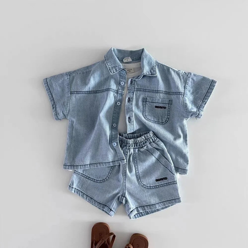 TZ2638 Korean Style Baby Boys Girls Short Sleeve Denim Shirt Shorts Set Summer Fashionable Cute Two-Piece Outfit for Toddlers