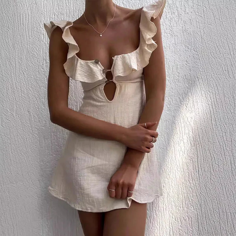 Summer Hollow Out Button Ruffles Short Dress Sexy V Neck Sleeveless Solid Color Dress New Holiday Beach Cotton Linen Mini Dress