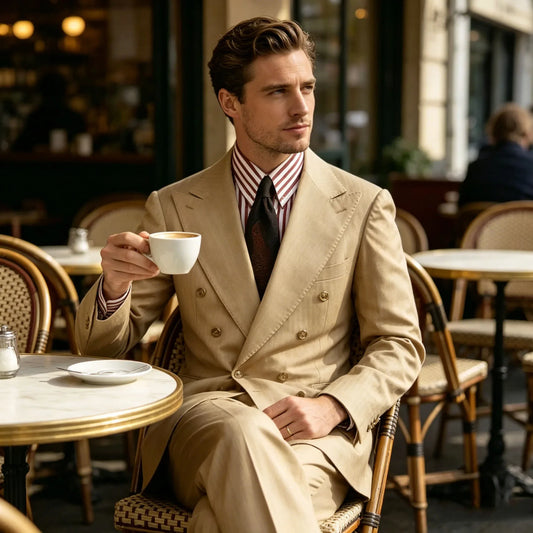 Men's Khaki Suit 2 Piece Set Double Breasted Peak Lapel Blazer Straight Leg Pants Fashion Formal Outfit Business Casual Wedding
