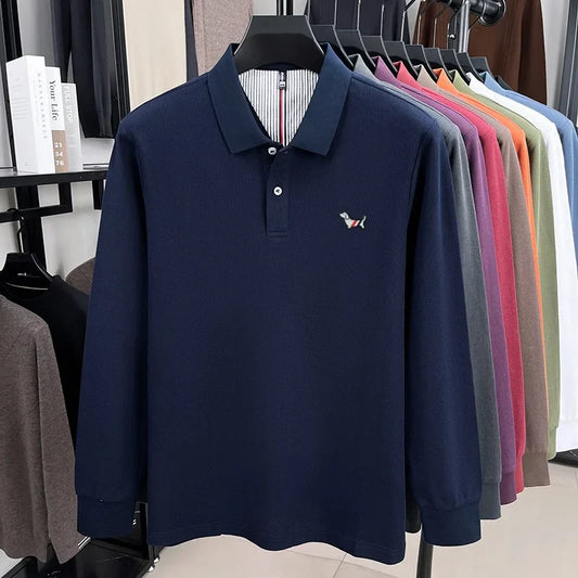 100% pure cotton autumn high-end luxury men's brand long sleeved polo shirt original embroidered dog design golf top T-shirt