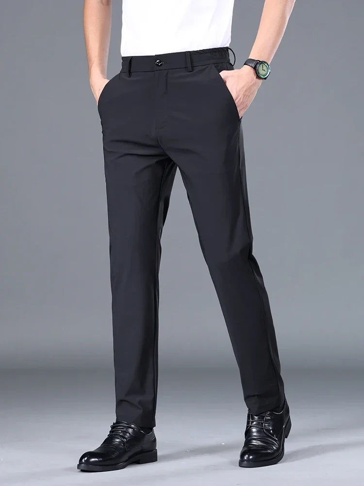 Summer Ultra-thin Casual Pants Men's High Elastic Quick-drying Ice Silk Straight Business Formal Casual Trousers Black Gray