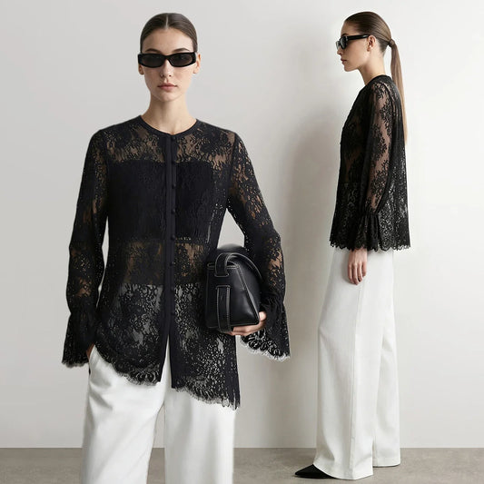 Lace Women's Blouse 2026 Autumn Crew Neck Sheer Long Sleeve Tops For Woman Lightweight Breathable Vacation Shirt 12643002