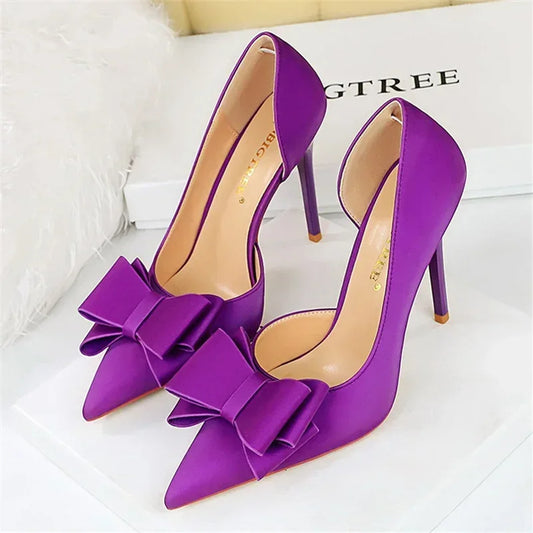 2024 Women 10.5cm High Heels Sweet Korean Side Hollow Pumps Lady Party Purple Green Kawaii Bowknot Heels Prom Silk Satin Shoes