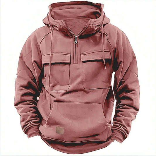 New Autumn-Winter Men's Hooded Solid-Color Casual Hoodie - Fashionable Young Man's Multi-Pocket Patch Hoodie Pullover Shirt
