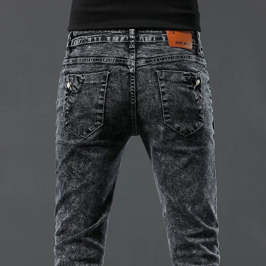 Men's Vintage Jeans Designer Korean Fashion Snowflake Wash Stretch Straight Pencil Pants Classic Slim Male Denim Trousers
