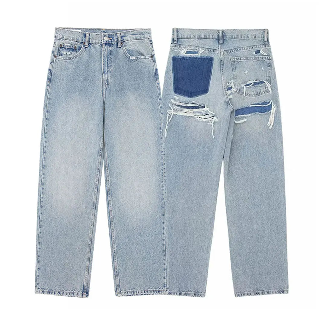 2024 Women's Street Fashion Denim Blue Jeans Distressed Patchwork High Waist Zipper Fly Ripped Retro Long Pants