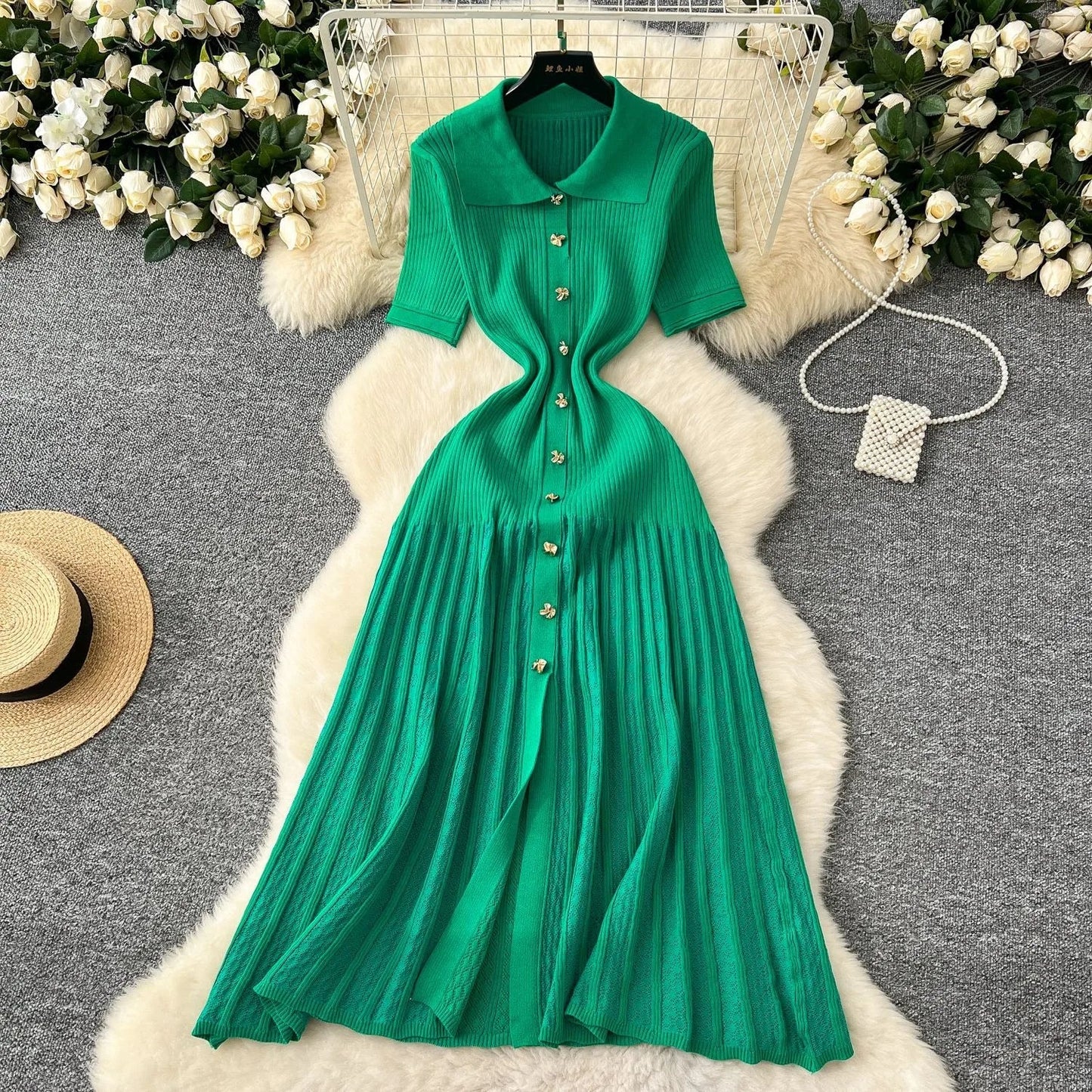 Chic Fashion Elegant Patchwork Knitted Maxi Dress 2025 Summer Lady Turn-down Collar Shirt Sweater Dress Party Vestidos