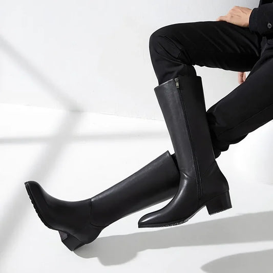 Italian Classic Men's Knee High Boots 5 Cm Heels Luxury Genuine Leather Comfortable Winter Warm Black Business Shoes Boots Man
