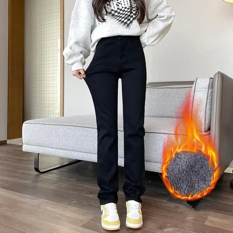 Black 2024 Winter Straight Fleece Jeans Women Casual Vintage Warm Thick Loose High Waist Elastic Velvet Denim Pants
