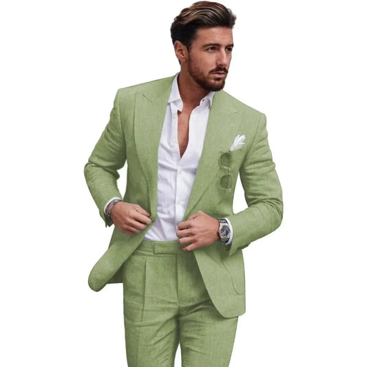 Men's Linen Suit 2 Piece Slim Fit Suit Summer Beach Wedding Suit Groosmen Prom Tuxedo Linen Blazer Pants Set