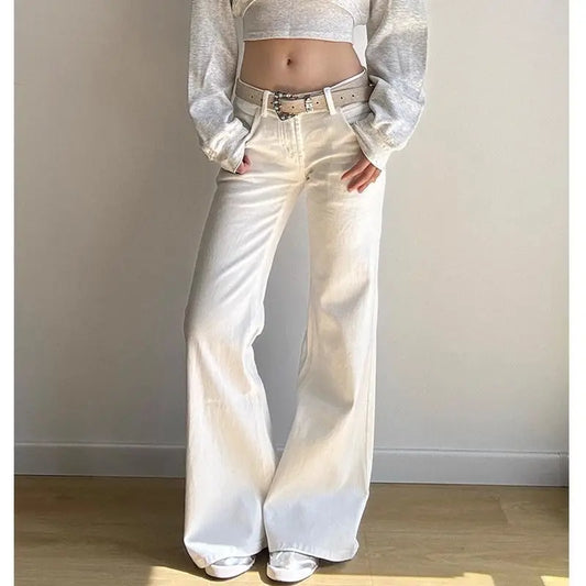 Normcore Y2K Baggy Basics 2000s Denim Trouser White Casual Minimalist Pants Women Street Retro Low Waist Solid Color Jeans