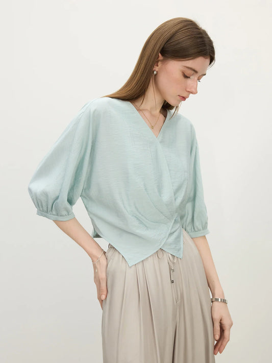 V-Neck Relaxed Casual Design Women's Short Sleeve Linen Shirt - 2025 Summer New Arrival Shirts For Women 25FS12418